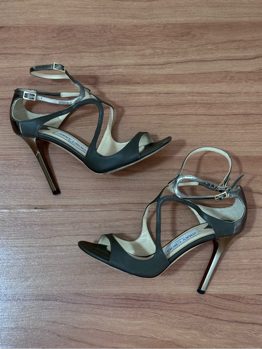 Jimmy Choo Strappy Leather Heels Size 36.5 Bronze Brown Sandals